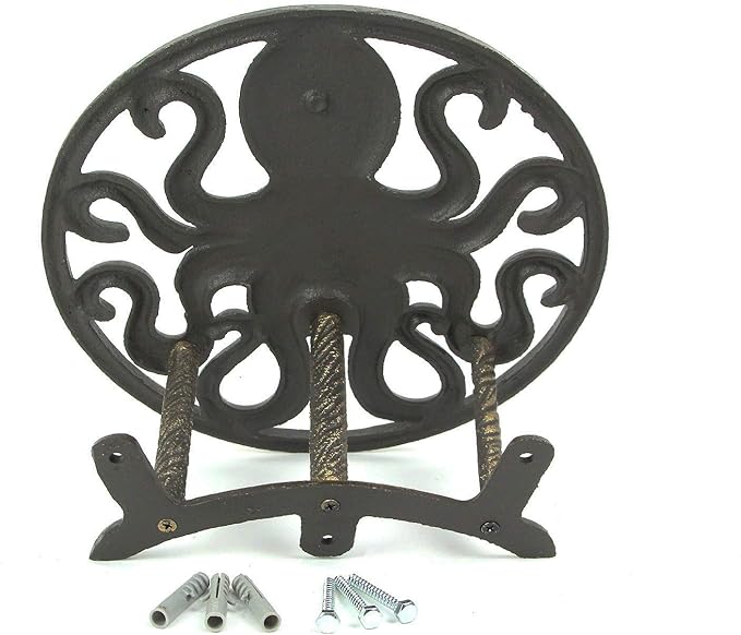 Cast Iron 12 inch Octopus Decorative Wall Mounted Hanging Garden Hose Hanger Bronze Finish - 125 ft Hose Holder Capacity - Nautical Sea Life Outdoor Décor