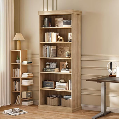 Vyre 70.8" Tall Farmhouse Bookshelf with Glass Doors, Modular Bookcase with 6-Tier Adjustable Shelves, Large Storage Cabinet for Kitchen, Living Room, Brown, Set of 3