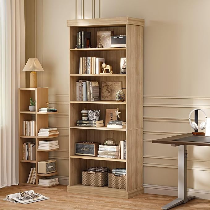 Vyre 70.8" Tall Brown Bookshelf, Farmhouse Modular Bookcase with 6-Tier Adjustable Shelves, Large Storage Cabinet for Home Office, Living Room