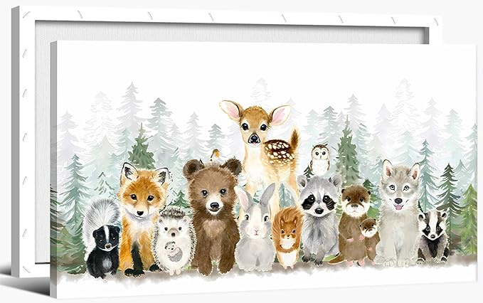 Woodland Animal Nursery Canvas Wall Art Watercolor Forest Baby Animal Painting Picture Nursery Wall Decor Fox Bear Deer Poster Print for Boys Room Girls Room Home Decoration 24 x 12 Frame