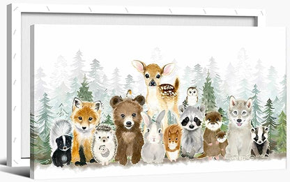 Woodland Animal Nursery Canvas Wall Art Watercolor Forest Baby Animal Painting Picture Nursery Wall Decor Fox Bear Deer Poster Print for Boys Room Girls Room Home Decoration 24 x 12 Frame