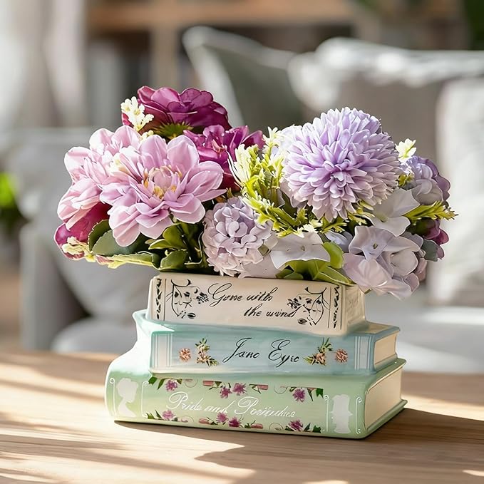 Book Planter, Bookshelf Decor Cute Plant Pots, Ceramic Planters with Drainage Hole, Books Shaped Flower Vases for Book Lovers Gifts, for Bedrooms, Living Rooms, Offices, Kitchens