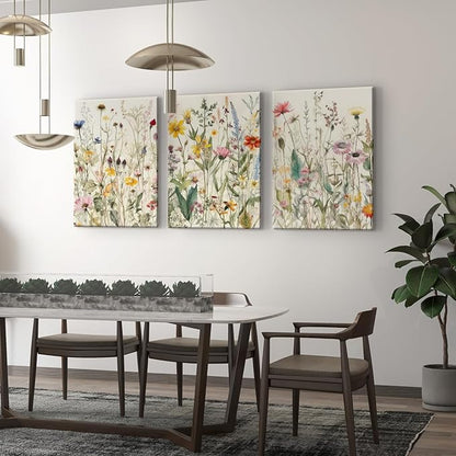 3 Pcs Framed Flowers Canvas Wall Art Watercolor Floral Botanical Prints Wildflower Pictures Wall Decor Colorful Plant Paintings Posters for Bathroom Living Room Bedroom Office Kitchen(12x16in)