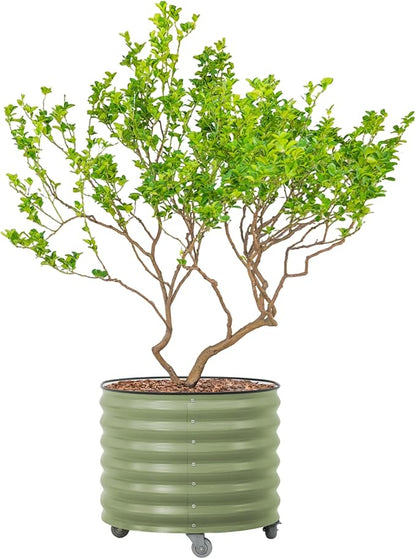 Rolling Metal Citrus Tree Planter Pot, 27″ Round Planter Box for Porch Patio & Backyard, 45 Gallon Large Planter Pot with Wheels for Growing Trees Tomatoes Vegetables and Flowers, Olive Green