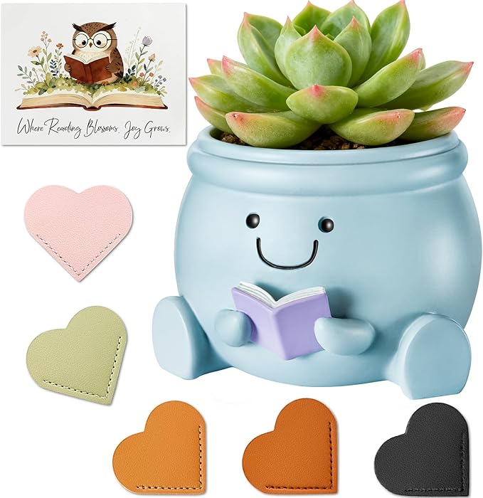 Book Lover Gift Set- Cute Reading Planter Pot with 5 Heart Leather Bookmarks & Quote Card, Cozy Desk Decor for Teacher, Librarian, Women, Mom, Friend, Colleague
