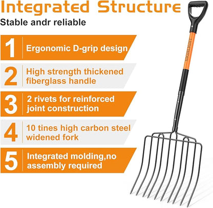 HIGHLIGHT 10-Tine Wide Head Pitch Fork for Manure & Hay, Heavy Duty with Unbreakable Fiberglass Handle, 45-Inch Ergonomic Grip