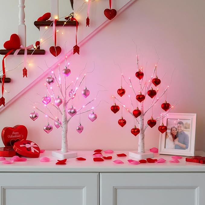 Valentines Day Decorations 2Pack Birch Tree with Hanging Heart-Shaped Ornaments, Lighted Artificial Trees with 24 LED Pink&Red Lights, Light Up Twig Tabletop Battery Operated for Home Indoor Table