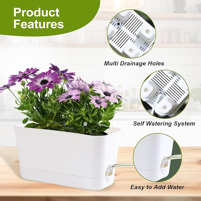 10 Inch Self Watering Planters for Indoor Plants: 2 Packs Rectangular Plant Pots with with Drainage and Tray, Window Pot Self Watering Planter for Herb, Houseplants