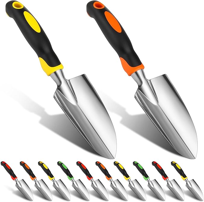 12 Pcs Garden Shovel Aluminum Alloy Heavy Duty Trowel Small Digging Shovels Metal Hand Trowel Spade with Soft Handle for Garden Lawn Yard Planting Tool (Wide Shovel,Yellow,Green,Orange,Red)