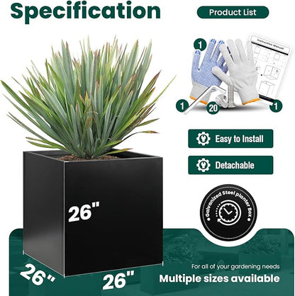 Galvanized Steel Planter Box Black Metal Planter Large Square Indoor Outdoor Planters Cube Steel Heavy Duty Flower Pot 26Inch Powder Coating Modern Commercial Residential for Patio, Deck, Yard, Garden
