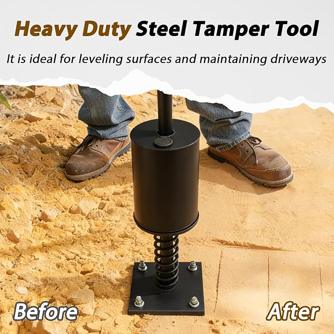 Heavy Duty Steel Tamper Tool with 51 Inch Adjustable Handle, Fillable Base, Buffer Spring, Steel Tamper for Efficient Leveling Soil, Asphalt, Driveways, Landscaping, Yard, Sand, Driveway