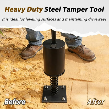 Heavy Duty Steel Tamper Tool with 51 Inch Adjustable Handle, Fillable Base, Buffer Spring, Steel Tamper for Efficient Leveling Soil, Asphalt, Driveways, Landscaping, Yard, Sand, Driveway