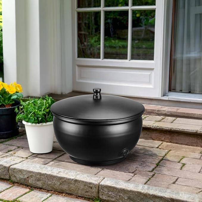 Monarch Abode Garden Hose Holder with Lid – Decorative Water Hose Holders for Outside, Smooth Metal Matte Black Pot with Drainage, 100ft Waterhose Holder for Outside, Garden Storage Caddy