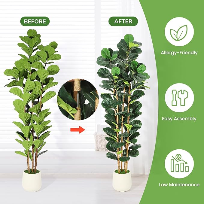 7ft Faux Fiddle Leaf Fig Tree with White Planter, Floor Fake Plants, Realistic Artificial Plants for Home Office Living Room Decor, Housewarming Gift