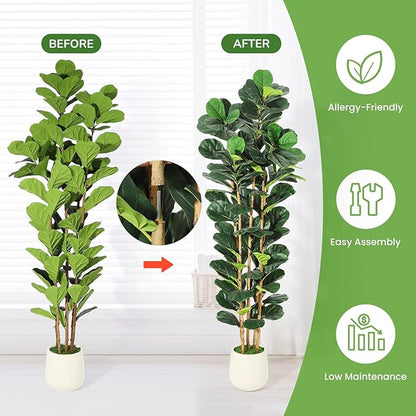 7ft Faux Fiddle Leaf Fig Tree with White Planter, Floor Fake Plants, Realistic Artificial Plants for Home Office Living Room Decor, Housewarming Gift