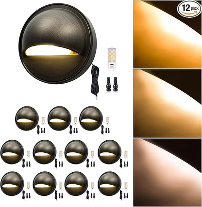 Gardenreet Low Voltage Deck Lights - Landscape Solid Brass Step Lights Outdoor, 12V LED Hardwired Waterproof Bronze for Fence Wall Yard with 3W 270LM Adjustable Warm & Neutral White G4 Bulb 12 Pack