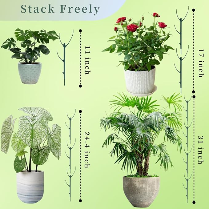12 Pack Stackable Monstera Plant Support Stakes, 90inch Climbing Plant Sticks Structures with Garden Ties, Durable Alternative to Moss Pole for Indoor Outdoor Plants