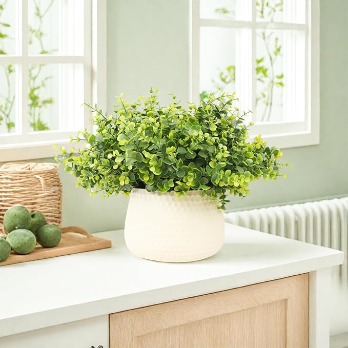 FGSAEOR 12 Bundles Artificial Eucalyptus Plant, Fake Boxwood Shrubs UV Resistant No Fade Faux Greenery for Home Garden Hanging Planter Indoor Porch Patio Office Wedding Decoration