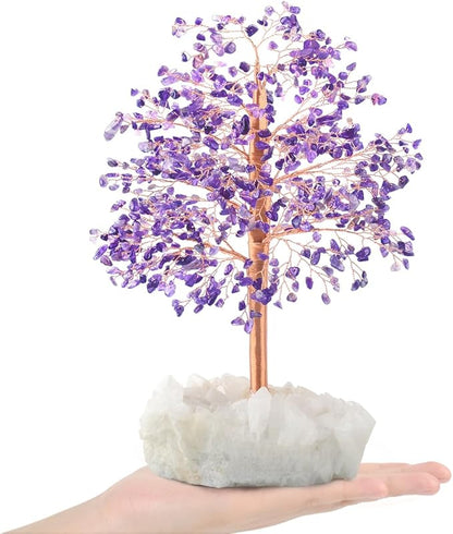 Natural Amethyst Gemstone Crystal Tree of Life, Clear Quartz Base, Chakra Money Bonsai Feng Shui, Positive Energy Healing Crystals Home Decor, Spiritual Gifts Size 10-11