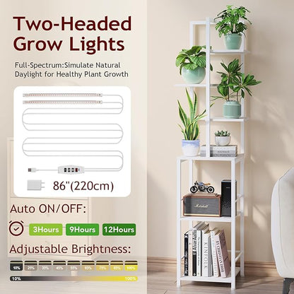 Plant Stand Indoor with Grow Light, 6-Tiered Tall Plant Stand Indoor, Metal Plant Shelf with Bookshelf Bookcase and Adjustable Light, Ideal for Living Room, Reading room, Garden, Patio (white)