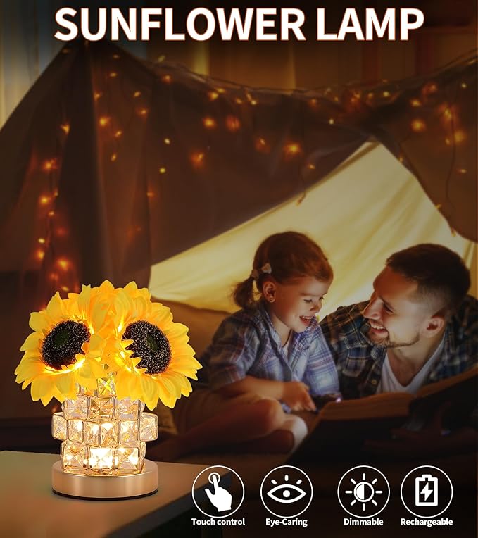 Sunflowers Flower Lamp,Rechargeable Cordless Touch Lamp,3-Colour Infinitely Dimming Small Night Light,Crystal Table Lamp,Christmas/Mother's Day/Birthday Gifts for Women,Home Decor.