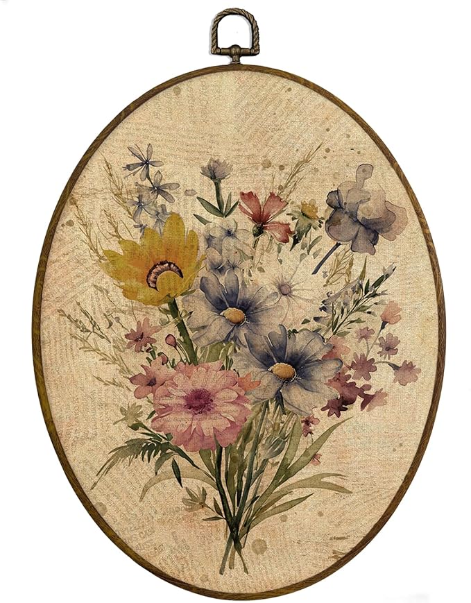 MAQIKA Boho Floral Oval Framed Wall Art Decor, Vintage Botanical Prints, Farmhouse Wildflower Oval Wall Hanging Decor, Flower Canvas Prints Wall Art for Girls Dorm Room Bedroom, 8.7x11.3 Inch