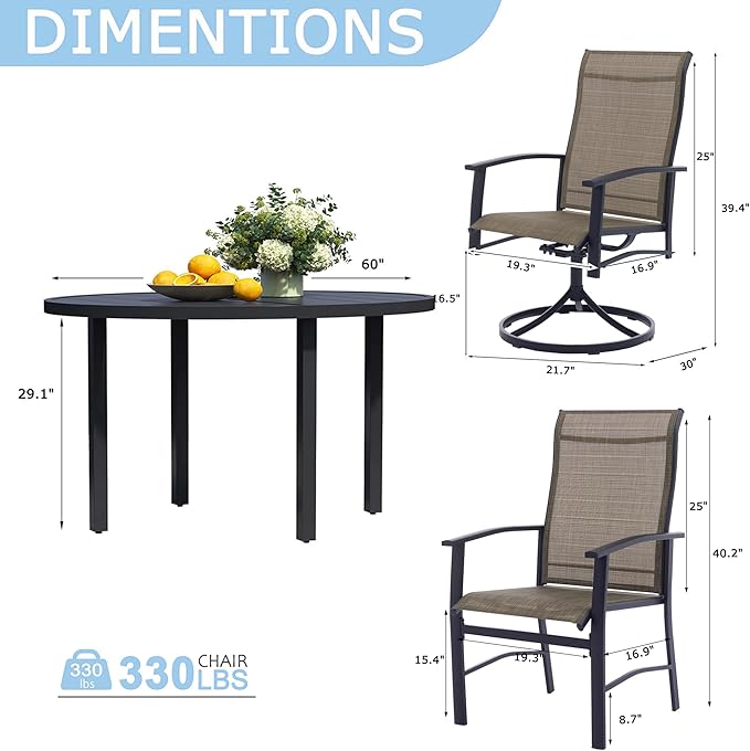 9 Piece Outdoor Dining Set, 60" Black Round Outdoor Dining Table with 4 Mocha Swivel Outdoor Dining Chairs and 4 Fixed Patio Table and Chair Set of 8 for Lawn, Garden, or Porch