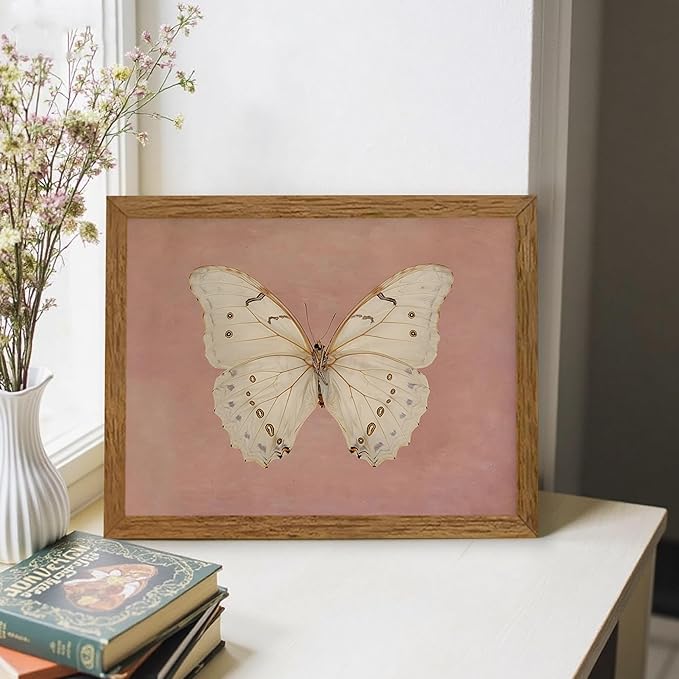 Wojuin Framed Pink Vintage Butterfly Canvas Wall Art, Neutral Moody Insect Farmhouse Wall Decor, Antique White Moth Aesthetic Poster Print for Living Room Bedroom Bathroom Dorm Office 8x10 in