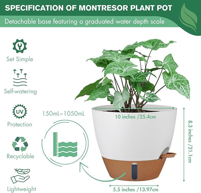montresor 2 Pack 10 inch Plant Pots, PP Plastic Self Watering Planter with Drainage and Tray for Indoor Outdoor Plants, Water Level Window & Reservoir Flower Pots Decorative Planter (Cream, 10 Inch)
