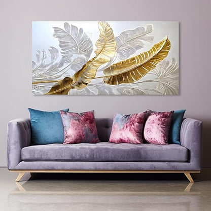Gold Silver Leaf Canvas Wall Art Golden Silver Palm Leaves Art Painting Abstract Leaf Landscape Painting Textured Modern Aesthetic Nature-Inspired Metallic Leaf Picture Artwork for Living Room, Bedroom & Office, Ready to Hang (30x60 Inches)