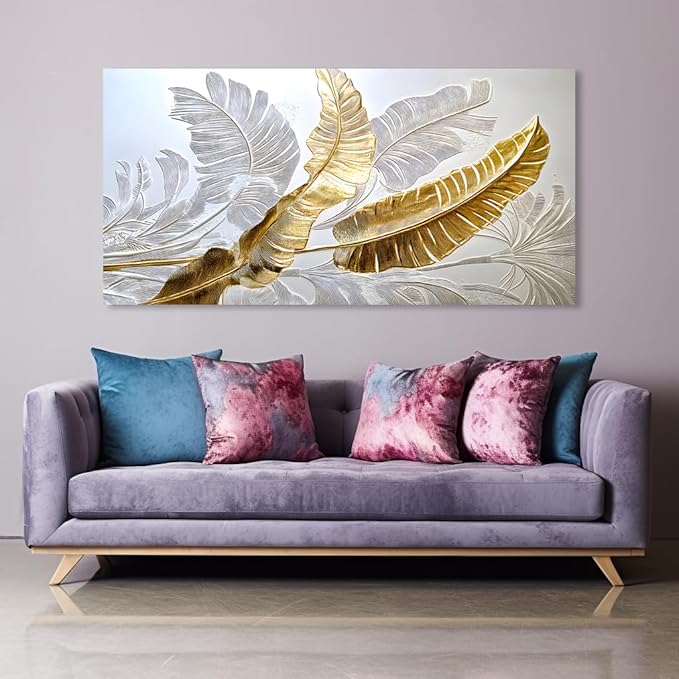 Gold Silver Leaf Canvas Wall Art Golden Silver Palm Leaves Art Painting Abstract Leaf Landscape Painting Textured Modern Aesthetic Nature-Inspired Metallic Leaf Picture Artwork for Living Room, Bedroom & Office, Ready to Hang (24x48 Inches)
