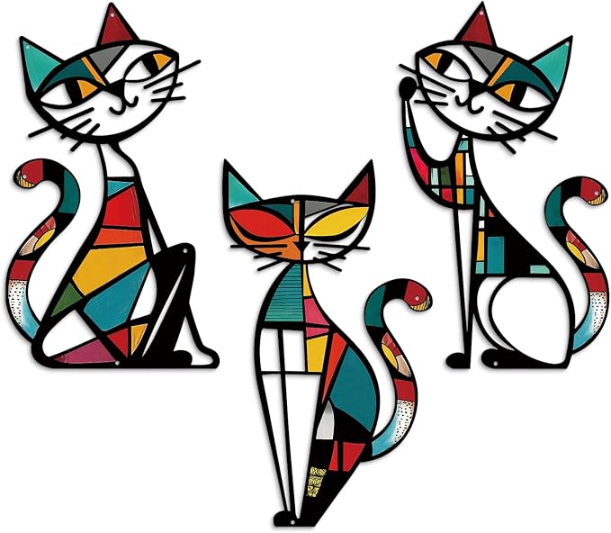 Putuo Decor 3 Pieces Colorful Cat Metal Wall Art, Mid Century Modern Abstract Wall Hanging Sculptures for Cat Lovers Living Room Bedroom Kitchen Hallway Office