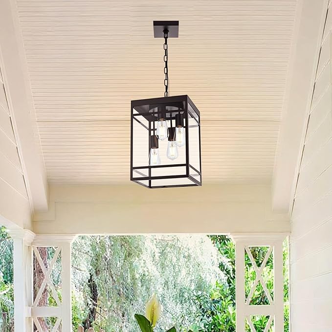 Large Outdoor Pendant Light for Porch, Oil Rubbed Bronze Outdoor Hanging Light Fixture with Clear Glass Shade, Exterior Linear Chandelier Hanging Lantern for Outside Patio,Front Door