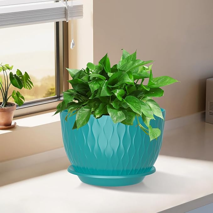 12/10/9 Inch Planter Pots, 3-Pack Large Flower Pots for Indoor Outdoor Garden Plants, Big Plant Pots with Multi Mesh Drainage Holes and Saucer (Black-Green, 12"+10"+9")