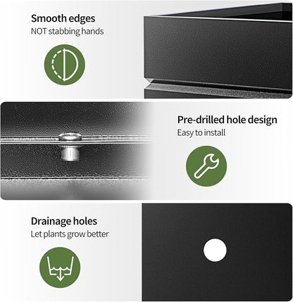 Metal Rectangular Planter Box, Powder Coating Steel Large Planters 35" L x 12" W x 26" H with Drainage Hole, Indoor Outdoor All-Weather Use for Home, Porch, Patio, Garden(Black)