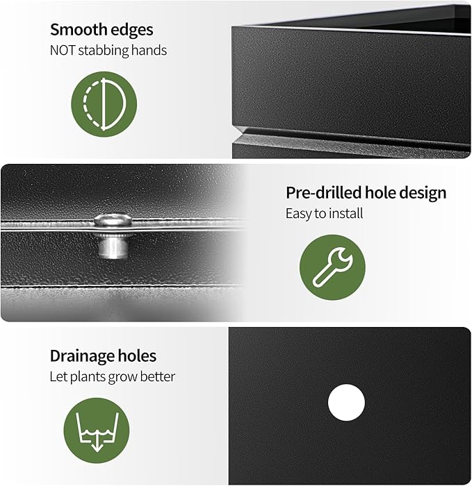 Metal Rectangular Planter Box, Powder Coating Steel Large Planters 35" L x 9" W x 26" H with Drainage Hole, Indoor Outdoor All-Weather Use for Home, Porch, Patio, Garden(Black)