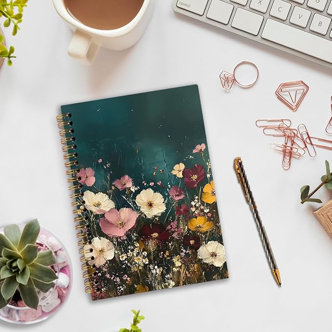 nvucamd Vintage Floral Spiral Notebook, Dark Green Cottagecore Wildflower Botanical Journal Notebook, Retro Moody Flower Journaling Notebooks for Women, Floral Gifts Office Supplies, 5.5x8.3 Inch