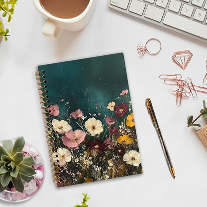nvucamd Vintage Floral Spiral Notebook, Dark Green Cottagecore Wildflower Botanical Journal Notebook, Retro Moody Flower Journaling Notebooks for Women, Floral Gifts Office Supplies, 5.5x8.3 Inch