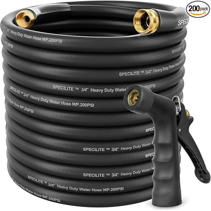 SPECILITE 3/4" Hot/Cold Garden Hose 200 ft with Industrial High Pressure Nozzle, Flexible & Lightweight, 600psi Burst Rubber Water hose -50℉-158℉ With 3/4" Brass Fittings for Yard, Black