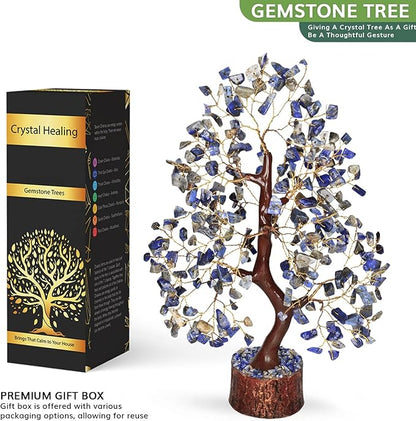NARIBABU Lapis Lazuli Crystal Tree – 10-12 Inch Gemstone Tree with Golden Wire & Wooden Base – Healing Crystals Decor, Gifts for Her, Birthday Gift for Women, Spiritual Energy