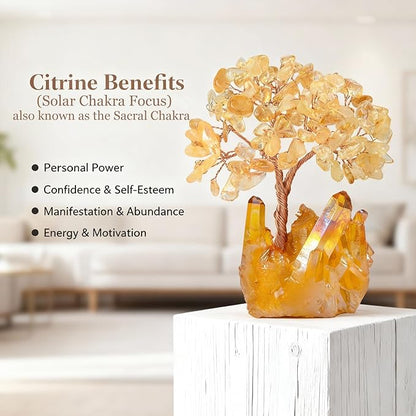 Natural Citrine Crystal Tree of Life,Quartz Cluster Yellow Titanium Base, Positive Energy Feng Shui Bonsai Money Tree Office Desk Home Decor for Wealth and Luck