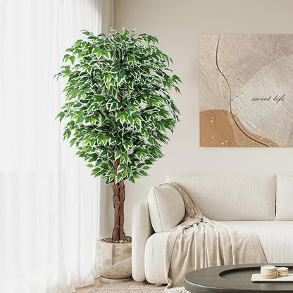 6.2ft Ficus Artificial Trees with 3 Natural Curved Trunks, 74" Tall Lush Faux Tree for Home Decor Indoor, Green Lifelike Fake Ficus Tree 1pcs