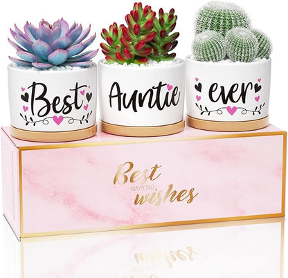 MAYICIVO Christmas Aunt Gifts from Niece Nephew, Best Gifts for Aunt, Best Auntie Ever Gifts Succulent Pots for Plants Indoor Ceramic Planter, Gift Boxed Aunt Birthday Gifts for Aunt Auntie