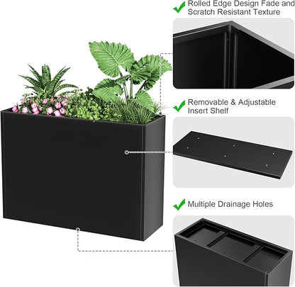 Metal Large Planter Box 30" L x 12" W x 24" H, Heavy Duty Tall Rectangle Outdoor Planter Box with Removable Insert Shelves for Porch, Garden, Patio, Yard (Black)