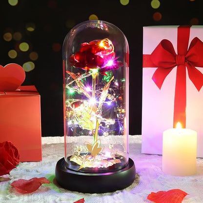 Valentines Rose Gifts for Her Birthday Gifts for Women Valentines Flower Galaxy Glass Rose with 2 Light Modes Forever Eternal Colorful Gold Foil Rose in Glass Dome,Anniversary Valentines Women Gifts