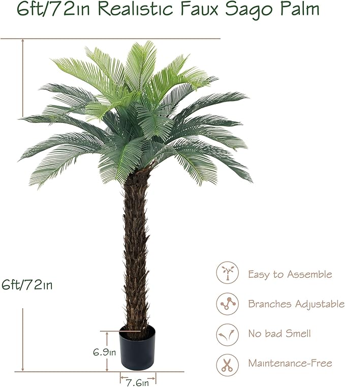 Bellacat 6ft UV Resistant Faux Sago Palm Tree with Natural & Lifelike Bark, 72in Super Full Artificial Cycad Tree with Realistic Leaves for Home Office Patio Porch Front Door Decor.