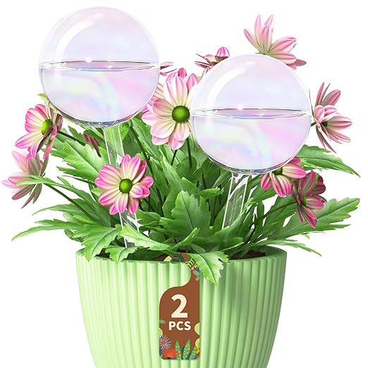 LASZOLA 2 Pcs Rainbow Glass Plant Self-Watering Globe for Indoor Outdoor, House Water Bulb for Small or Large Flower Pot, Iridescent Transparent Decorative Plant Dispenser Ball, Perfect for Vacation