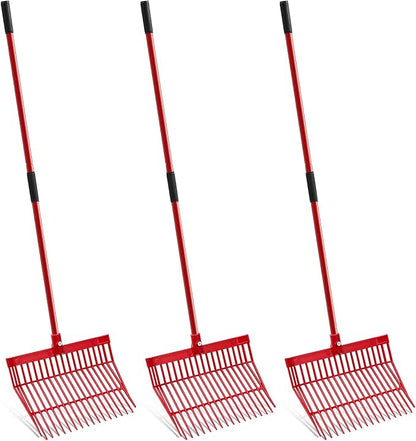 Lasnten 3 Sets Manure Fork with Long Metal Handle Pitch Fork Manure Rake Heavy Duty Muck Rake for Gardening Horse Stall Stable Grass Hay Cleaning Farm Work(Red)