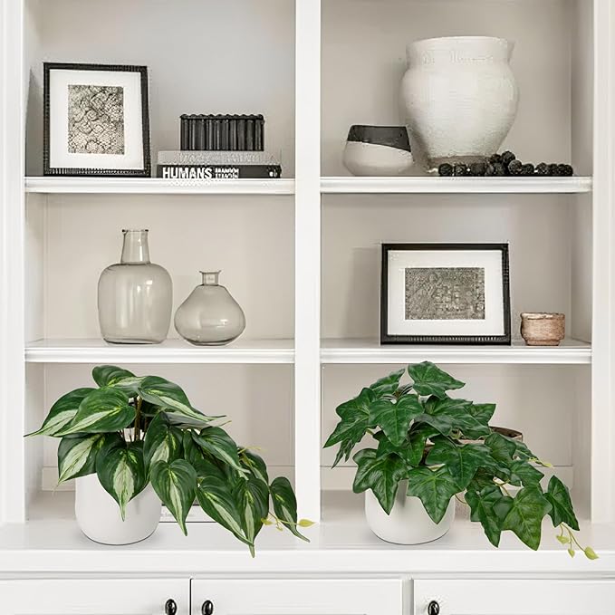 Fake Plants Set of 2 Artificial Plants Faux Ivy Pothos with White Ceramic Pots Fake Potted Plants Artificial Decor for Home Bathroom Shelf Desk Indoor