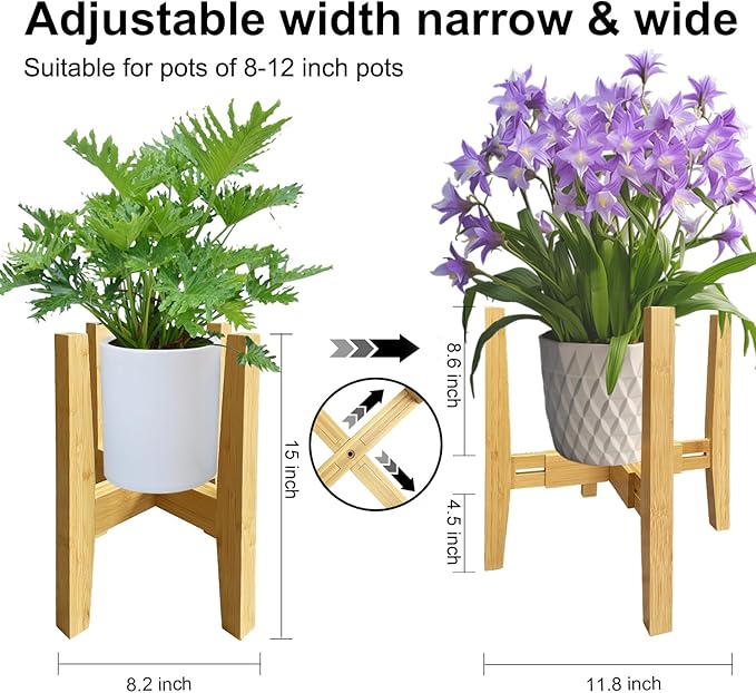 Adjustable Plant Stand Indoor Bamboo Mid Century Modern Plants Stand Corner Plants Flower Holders Single Floor Plant Stands- 8.2-11.8 in (Pot & Plant Not Included) (Bamboo, （8.2-11.8in）)